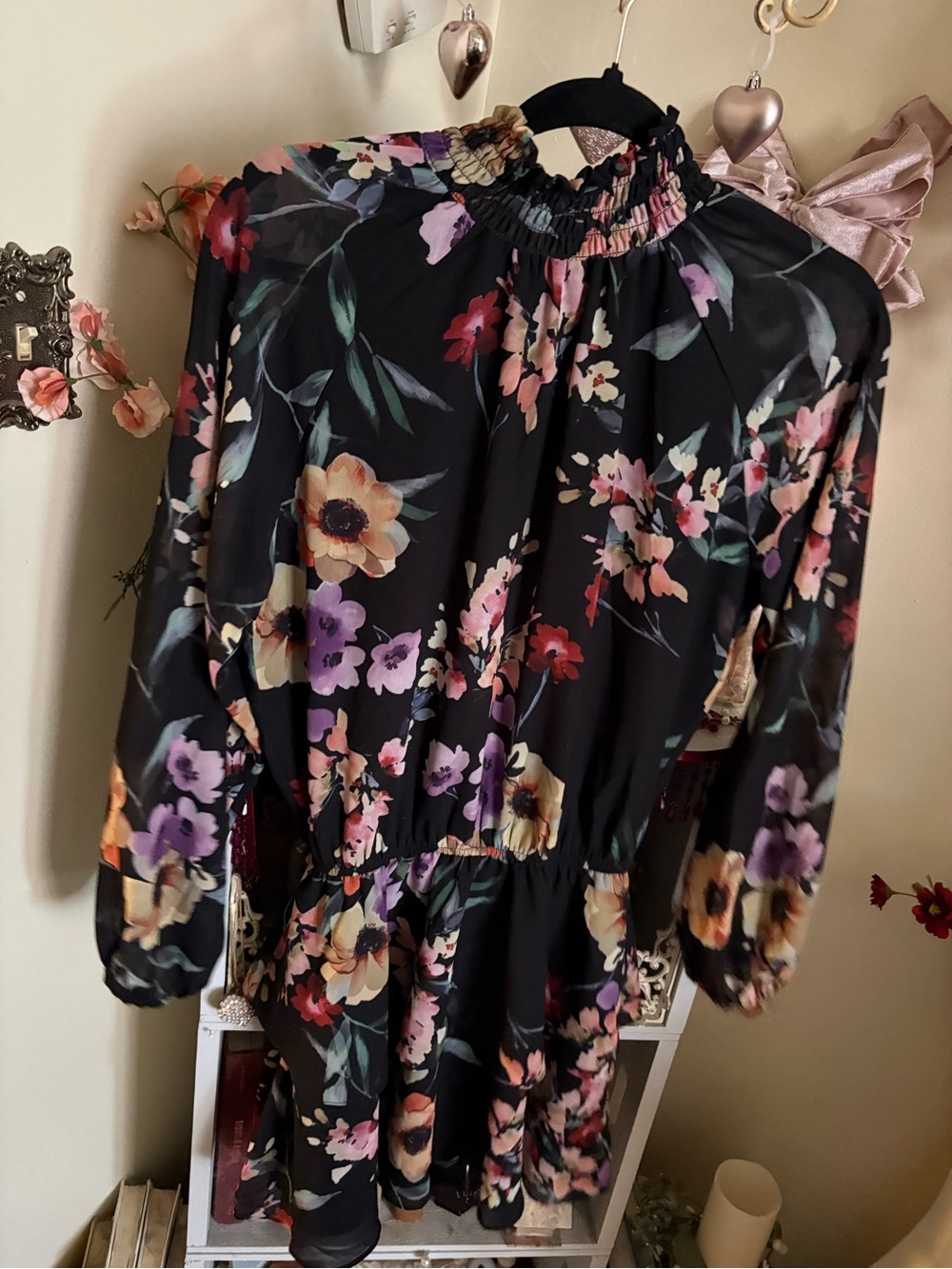 Yumi Kim Black Floral Long Sleeve Mini Dress